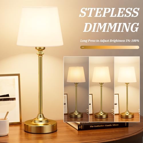 Kakanuo Cordless Table Lamps Rechargeable Set - 2 Pack Gold 4000mAH Battery Operated Lamps for Decor, 3000K Stepless Dimming Touch Wireless Lamp for Bedroom, Dining Table, Living Room, White Shade - Image 2