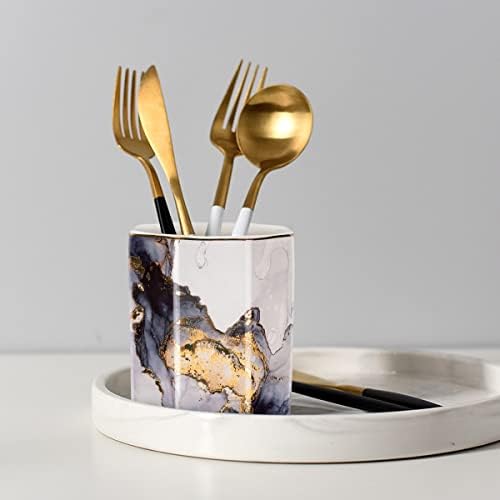 Ceramic Pen Holder for Desk Cute, Pencil Cup Pot Desk Organizer, Makeup Brush Holder for Women, Men, Kids, Desk Marble Decor for Office, Classroom, Home, Gray Golden - Image 6