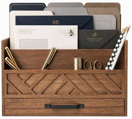 BLU MONACO | Wooden Mail Organizer with Drawer and Compartments | Mail Sorter Organizer Countertop for Desk Entryway | Outgoing Mail Holder Wood Desktop File Storage by Blu_Monaco