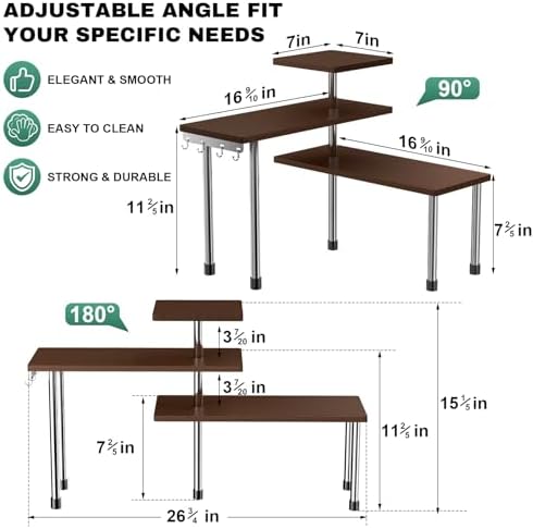 ZHWS Bathroom Counter Organizer for MakeUps, Dresser Table, Kitchen Countertop Organizer Adjustable 3 Tier Corner Shelf with 4 Metal Hooks for Coffee Bar, Spice Rack, Over Sink - Image 2