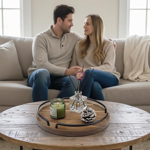 Round Wooden Serving Tray - Rustic Style Decorative Tray for Coffee Table, Living Room, Vanity - Acacia Wood Tray with Handles - Housewarming Gift - 12 Inches (Diameter) - Image 6
