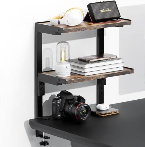 Spacrea Clamp on Desk Shelf, 2 Tier Office Desk Shelves Organizer, Wood Desktop Supplies Storage Rack, Desk Organizers and Accessories (Wood) by Spacrea