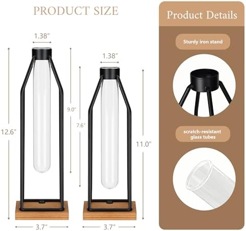 Houmury Test Tube Vase Set of 2, 11&12.5 Inch Flower Vases with Iron Stand & Wood Base, for Home Décor, Table Decor, Modern Farmhouse Decor, Hydroponic Plants - Image 5