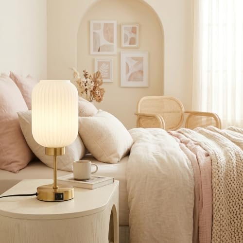 LAMSU Vintage Gold Table Lamp with Cream Glass Shade, Small Beside Lamp with Bulb, USB Ports, 3 Way Dimmable Nightstand Lamp, Mid Century Modern Desk Lamp for Bedroom Living Room, Home Decor - Image 7