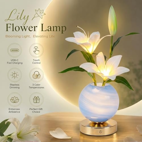 Lily Table Lamp, 3 Color Planet Night Light, Rechargeable Cordless Touch Dimming Artificial Flower Light, LED Flower Bedside Lamp Romantic Gifts for Girl Women Mom (White Lily) - Image 6