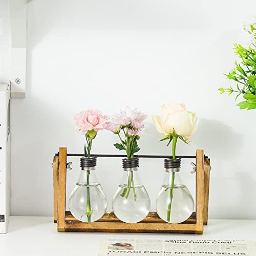 Marbrasse Plant Propagation Stations with Wooden Stand, Desktop Plant Terrarium Holder Bulb Vase, Glass Vase Container with Metal Swivel Holder for Hydroponics of Home Garden Office Decor Lover Gifts - Image 5