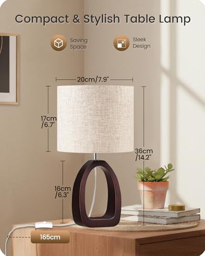 Small Table Lamp, 14.2" Cute Little Desk Lamp, Wood Bedside Lamp with Beige Linen Lampshade & Dark Walnut Base, Modern Nightstand Lamp for Bedroom, E26 Base, Bulb Not Included, STE07TL05 - Image 5