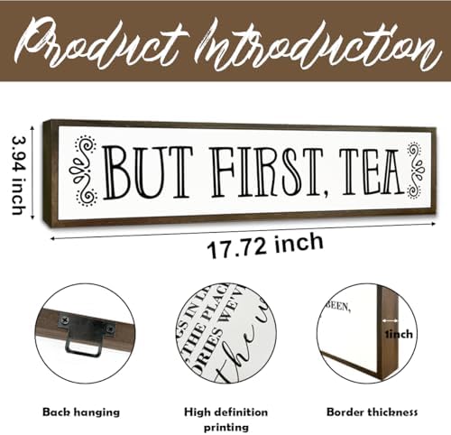 Tea Wood Sign Decor, Country Farmhouse Decoration for Home Kitchen Office, Rustic Teas Bar Decor, Wall Decors Art, Teas Lover Gift, But First Tea Sign, 17.8x4x1.2 inches - Image 2