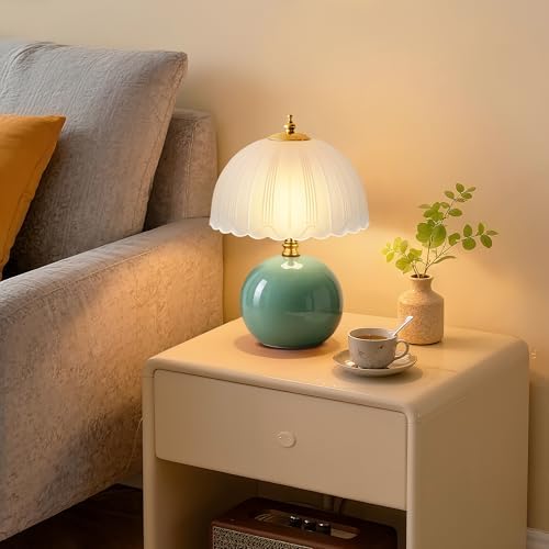 PARTPHONER Mushroom Table Lamp, Ceramic Bedside Lamp with Glass Shade, 3-Way Lighting (2700K-5000K) Rocker Switch, Small Nightstand Lamp for Bedroom, Living Room, Office, Green - Image 6