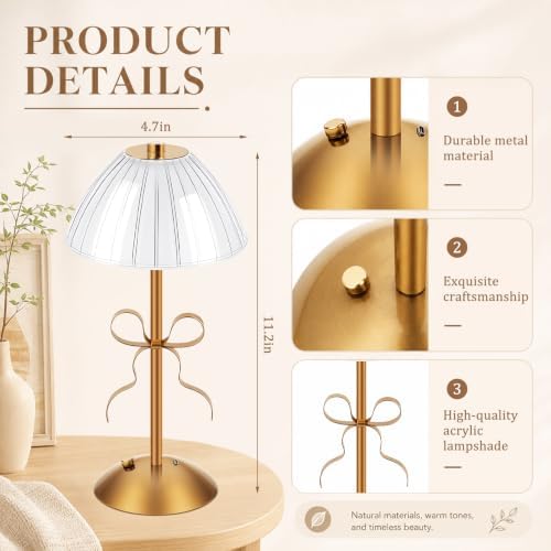 Liliful 2 Pcs Cordless Table Lamp LED Touch, Gold, Mushroom Style Bow - Image 2
