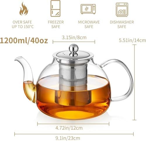 DOPUDO 24 Pack 40OZ (1200ML) Glass Teapot with Infuser Stovetop Safe, Clear Glass Tea Pot Kettle, Borosilicate Tea Pot with Infusers Filter for Loose Tea, Tea Kettle Dishwasher Safe - Image 3