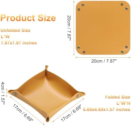 HARFINGTON PU Leather Valet Tray Unisex Folding Small Catchall Tray Portable Entryway Table Tray Nightstand Bedside Desk Tray for Key Wallet Watch Coin Jewelry Dice, Yellow - Image 2