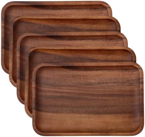 5PCS Serving Acacia Wood Valet Tray for Men Women, Catch All Acacia Mens Key Dump Bedside Nightstand Organizer EDC Decorative Wooden Tray for Phone Watch Wallet Keys Jewelry by Velinjowy