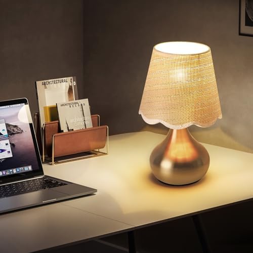 Small Table Lamp - Brass Gold Mini Table Lamps for Bedroom Vintage Decor Bedside Lamps for Night Stands Scalloped Rattan Shade Desk Lamp for Kids Room, Living Room, College Dorm, Home, Kitchen - Image 3
