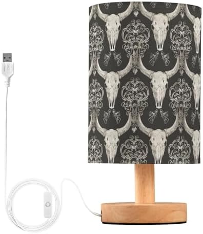 Black Western Cow Skull Goth Floral Table Lamp for Bedroom USB Port Lamps Small Accent Table Lamp Nightstand Lamp Sturdy Linen Shade Wooden Base Decorative Lamps for Bedside Reading|Kids|Dorm|Home by Fustylead