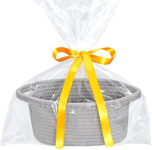 ABenkle Small Storage Basket, Mini Basket, Cute Tiny Cotton Rope Woven Basket, Boho Decorative Toy Dog Cat Basket for Nursery, Spa, Empty Gift Basket with Gift Bags and Ribbon - Grey by ABenkle