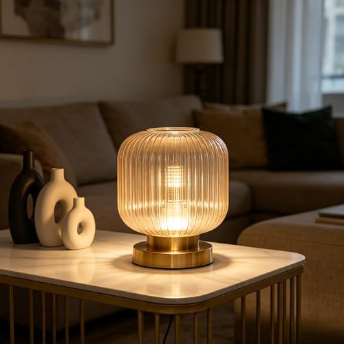 Mid Century Modern Table Lamp, Amber Ribbed Glass Nightstand Light with Gold Base, Vintage Decorative Desk Lamp for Bedroom Living Room Study - Image 2