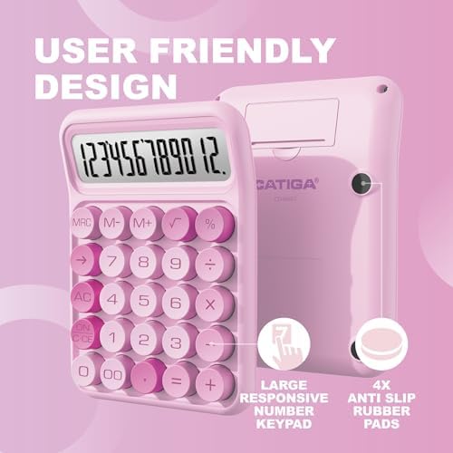 CATIGA Mechanical Switch Calculator, Pink Calculator with 12 Digit Large LCD Display & Big Buttons for Office Desk, Classroom Math, Back to School Supplies, Cute Aesthetic Desk Accessories - Image 3