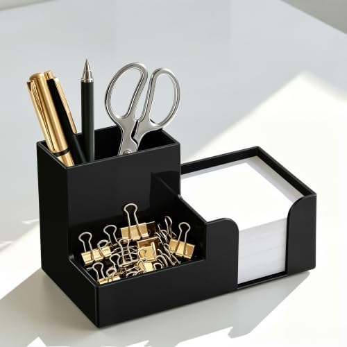 HBlife Acrylic Pen Holder for Desk, 3-Compartment Small Desk Organizer, Black Office Supplies Desk Accessories with Sticky Notes Holder Stores Post It Notes 3X3 for Office, Home and School - Image 5