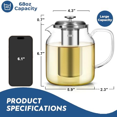 Aquach 68oz Glass Teapot with Thermometer, Stovetop Safe Tea Pot - Image 4