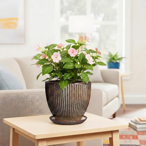 Ceramic Planter, 8 Inch Plant Pots for Indoor Plants, Round Planter with Drainage Hole and Saucer, Modern Decorative Flower Pots, House Office Decor, Gifts for Plant Lovers, Retro Brown - Image 6