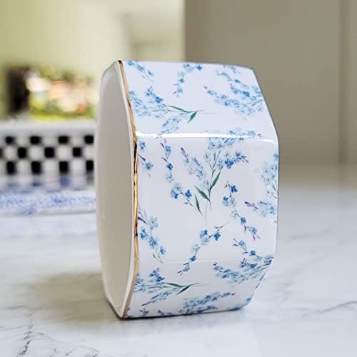 Ceramic Paper Clip Holder Gold Line Paper Clip Dispenser Organizer for Desk Cute Floral Pattern Office Binder Clip Holder Bobby Pin and Hair Clip Holder Gift for Office Blue Flowers - Image 6