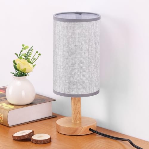 Gray Small Bedside Table Lamp for Bedroom,Natural Round Wood Base&Fabric Linen Shade,Cozy Night Table Light for Study Reading,Minimalist Boho Desk Lamp for Nightstand,Living Room,Nursery,Kitchen,Dorm by SEENSINY