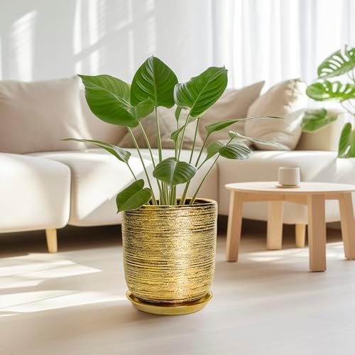 Ceramic Flower Pot for Indoor Plants - 10 Inch Plant Pot with Drainage Hole and Saucer, Decorative Round Outdoor Indoor Planter, Housewarming Gifts, Home Garden Decor, Gold - Image 4
