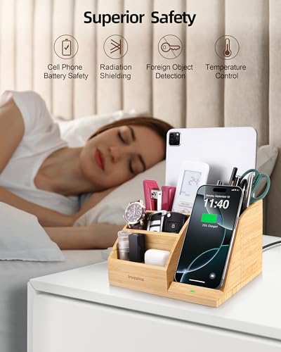 Bamboo Pen Holder with Wireless Charger, Desk Organizer 5 Compartments - Image 5