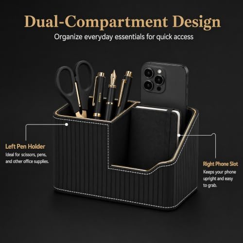 KINGFOM Luxury Black PU Leather Desk Organizer with Gold Trim, Premium Pen Holder for Desk Accessories, Modern Office Supplies Organizer for Home Office Desk Decor - Image 4