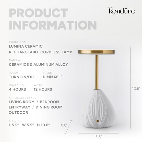 RONDURE Ceramic Cordless Rechargeable Touch Dimmable Table Lamp - Image 3