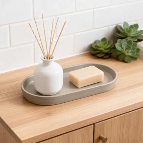 Matte Taupe Ceramic Bathroom Tray for Countertop – Minimalist Vanity Organizer Dish for Perfume, Jewelry & Soap, Oval Decorative Tray for Sink, Dresser, Kitchen or Coffee Bar (Gray) - Image 3