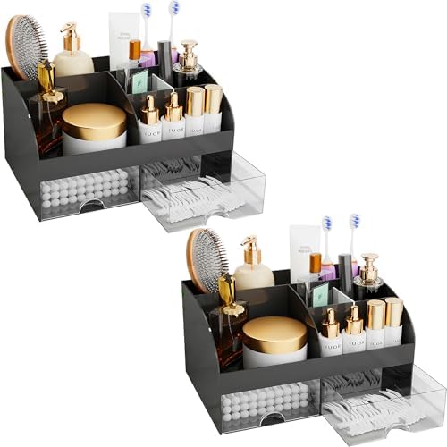 Makeup Organizer with Drawers, Cosmetic Storage for Dresser Vanity and Bathroom Countertop, Beauty Holder for Lipstick Brush, Skincare Organizer for Vanity, Cosmetic Display Case (Black-2Pack) by COMFYROOM