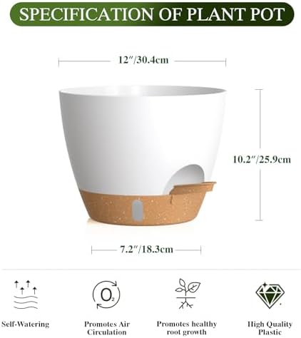 Plant Pots, 1 Pack 12 Inch Self Watering Pots with Drainage Holes, Water Level Indicator Deep Reservoir, Large Planters for Indoor Outdoor Plants - White Brown - Image 2