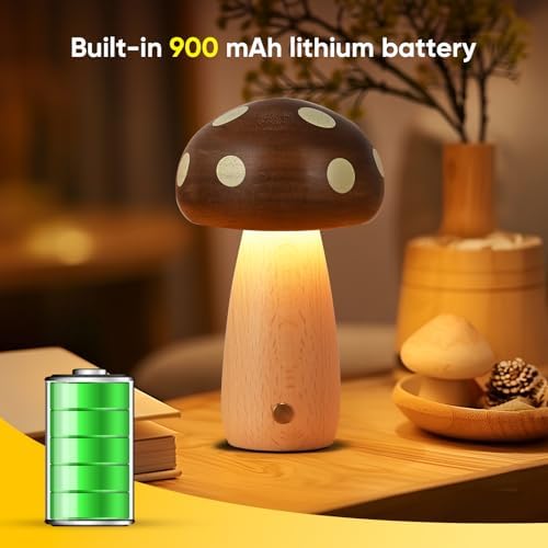 LONRISWAY LED Wooden Mushroom Lamp for Bedroom,Portable Cordless Touch Switch Small Rechargeable Battery Operated Lamp,Stepless Dimming, Night Light for Birthday Gifts - Image 3