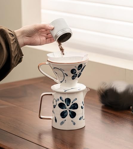 Pour Over Coffee Maker,Ceramic Coffee Maker With 40 pcs Paper Filter，15oz/450ml Pour Over Coffee Dripper (Blue and white, V02) - Image 5