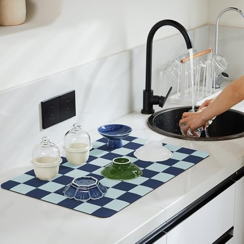 Ohocut Navy Blue Checkered Dish Drying Mat for Kitchen Counter, Coffee Bar Station Accessories, Retro Cute Aesthetic Modern Absorbent Drainer Mat Kitchen Drying Mat Easy Clean (Ocean, 24" x 16") - Image 2