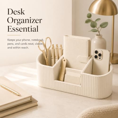 KINGFOM Faux Leather Desk Organizer, Office Desk Accessories Organizer with 4 Compartments, Modern Vanity Organizer for Pens, Makeup Brushes, Office Supplies, Remote Controls, Desk Decor for Home - Image 5