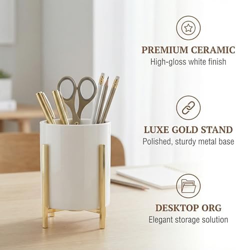 4.72" Gold Pen Holder Aesthetic Pencil Holder for Desk, Gold Desk Organizers and Accessories for Women Girls, Ceramic Pen Holder for Office - Image 3