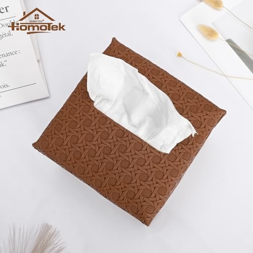 HOMOTEK 1 Pack Tissue Box Cover, Square PU Leather Tissue Holder, Decorative Facial Tissue Cube Paper Organizer Dispenser for Bathroom, Night Stands, Desk, Car 5X5X5'' - Rattan Weave, Chocolate - Image 2