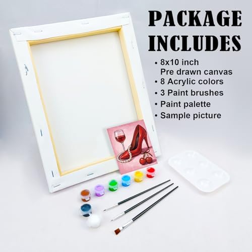 VOCHIC Pre Drawn Canvas Painting Kit for Adults for Painting Party Kit Paint and Sip Party Supplies 8 Colors,3 Brush,1 Pallet Art Set Girl High Heel Glass Necklace 8x10 in - Image 5
