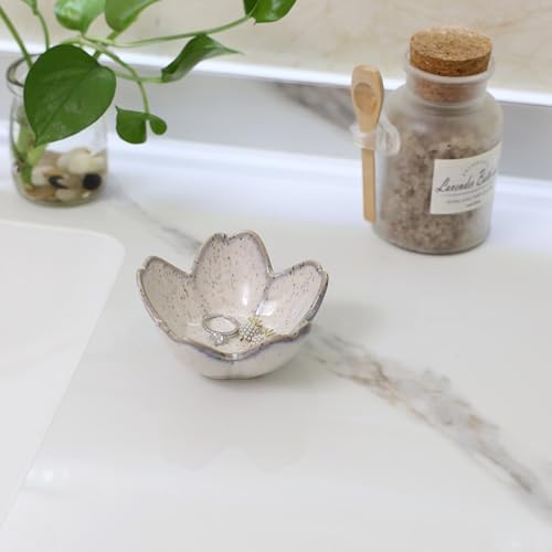 Flower Ring Dish Holder,Jewelry Dish Tray,Small Trinket Tray,Jewelry Plate Bowl,Key Bowl,Decorative Plate,Mothers day Birthday Gifts for Women Friends,Ceramic Kiln effect Grey - Image 5