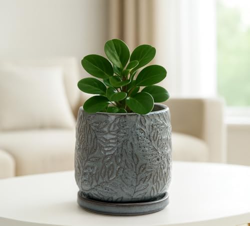 D'vine Dev Embossed Leaves Ceramic Planter, 4 in, Graphite Blue, 27-A-Z-9 - Image 5