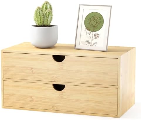 Bamboo Desk Organizer with Drawers, Desktop Storage Box for Office Supplies by WisuceHome