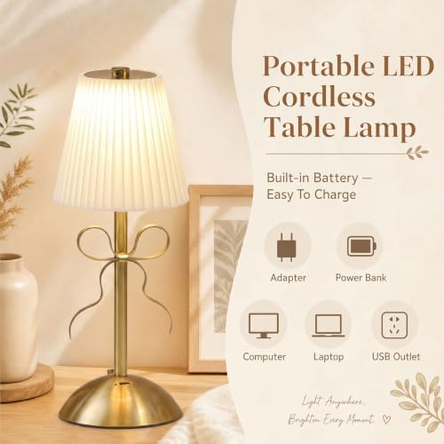 Liliful 2 Pcs Cordless Table Lamp LED Touch, Gold, Beige Cloth Style Bow - Image 3