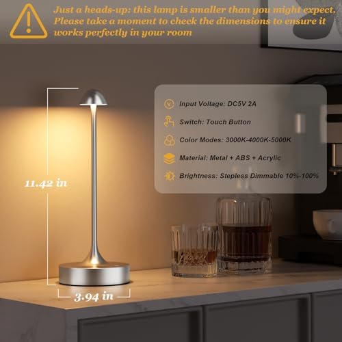 Kakanuo Rechargeable Cordless Table Lamp, Battery Operated Lamps, 3-Color Stepless Dimming, Portable Wireless Desk Lamp, LED Lighting for Dining Room, Restaurant, Office, Bar, Home(Silver 2 Pack) - Image 5