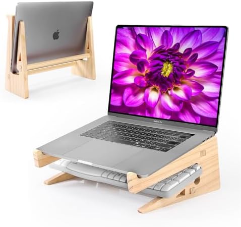 Wooden Laptop Stand for Desk, 2-in-1 Riser and Vertical Laptop Stand by VNYOTT