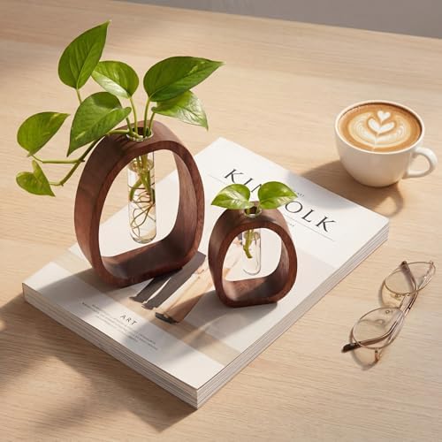 Houmury Walnut Wood Propagation Station Set of 2 Hydroponic Glass Test Tube Vases 7.5” & 5.8” for Plants Cuttings Modern Farmhouse Table Centerpieces for Home Office Desk Decor - Image 3