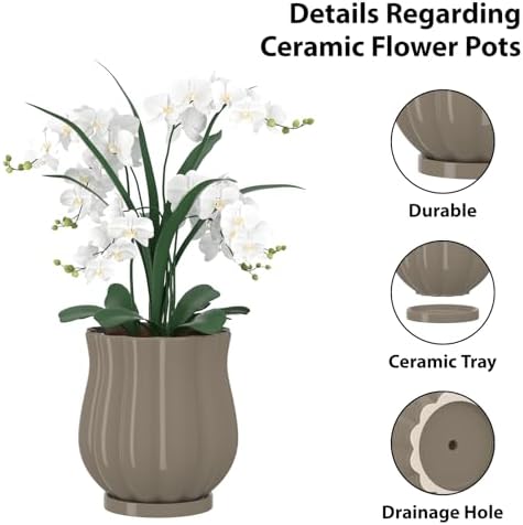 4.7" Brown Ceramic Plant Pot with Saucer - Image 3