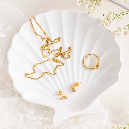 Shell Jewelry Dish, Shatterproof Matte White Metal Ring Tray with Velvet Base, Ceramic-Look Scallop Trinket Dish for Vanity, Coastal Decor Catchall, Nightstand & Gift by Unknown